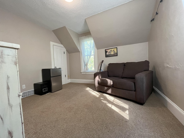 carpeted living room with lofted ceiling and a textured ceiling