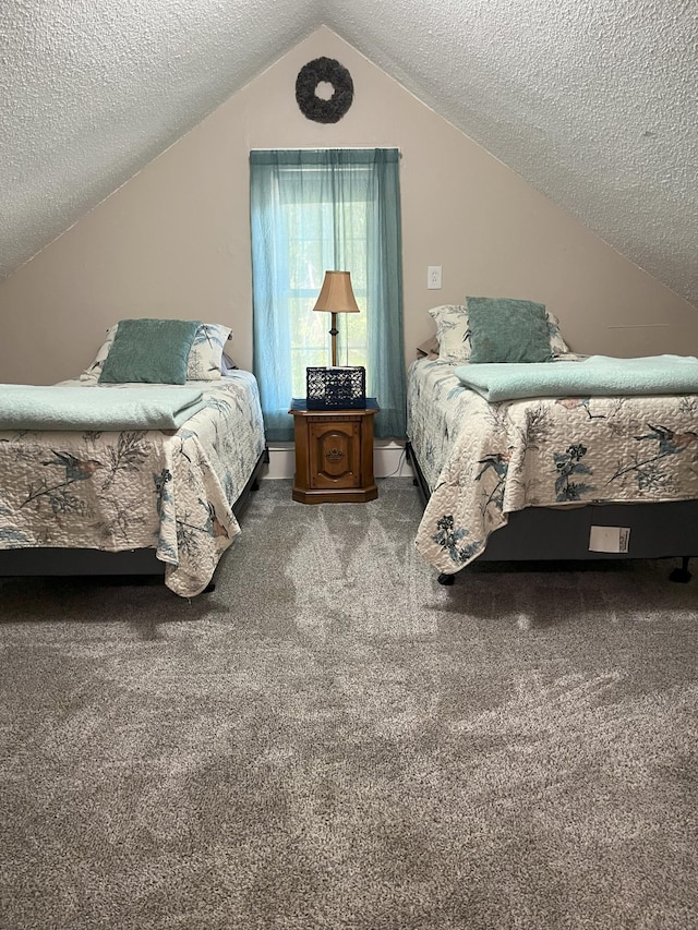 carpeted bedroom with lofted ceiling and a textured ceiling