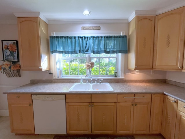 kitchen featuring crown molding, dishwasher, sink, and light brown cabinets