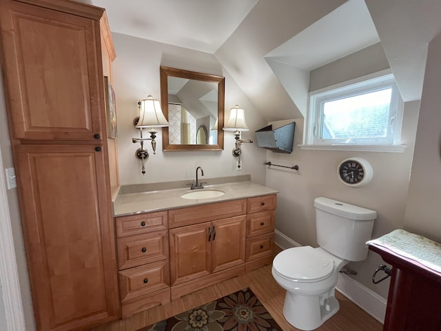 bathroom with wood-type flooring, toilet, and vanity