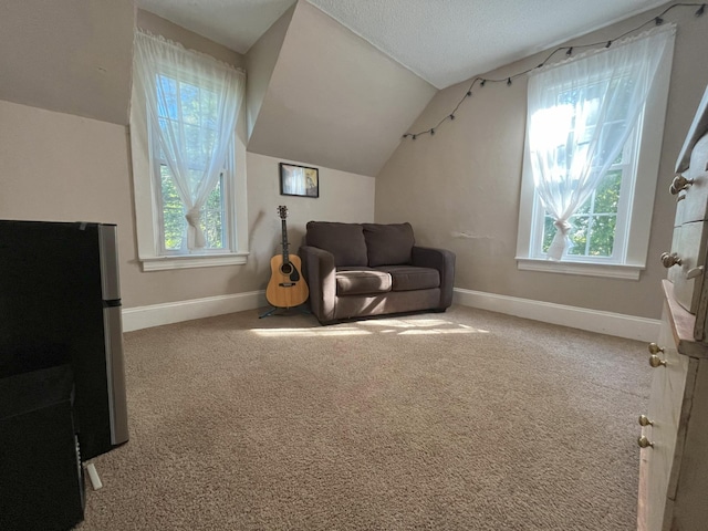 living area featuring carpet floors and vaulted ceiling