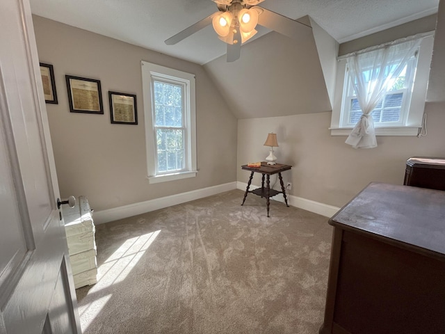 carpeted office featuring ceiling fan and lofted ceiling