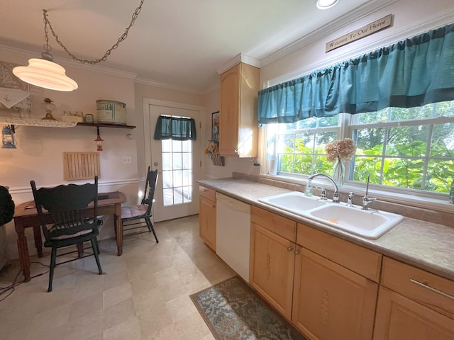 kitchen with sink, hanging light fixtures, white dishwasher, a wealth of natural light, and light brown cabinets