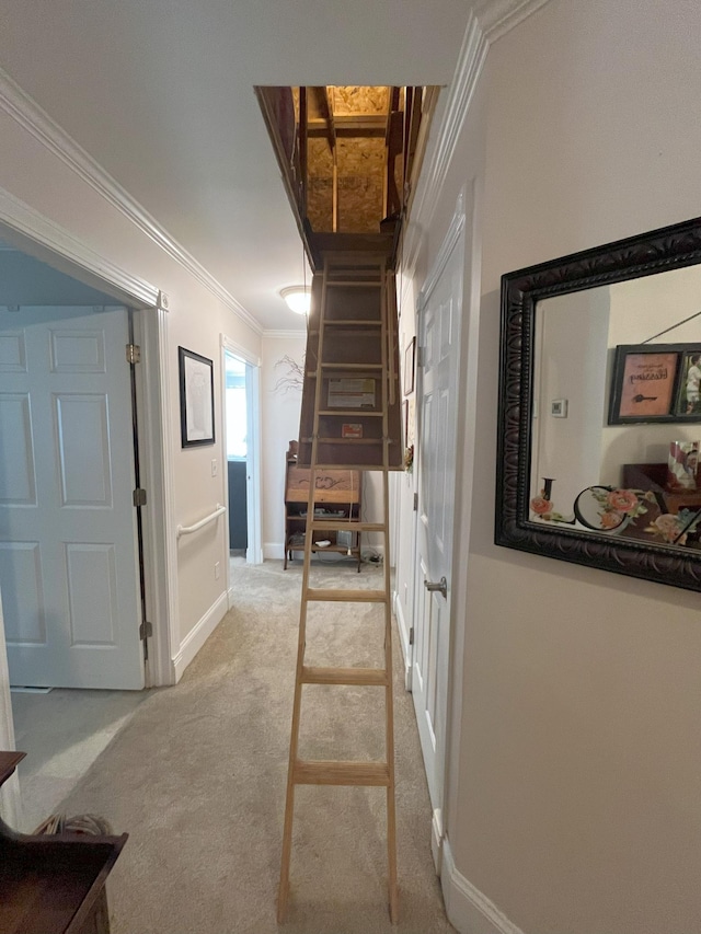 hallway with ornamental molding and light carpet