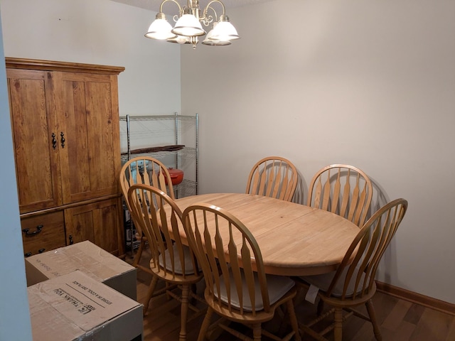 dining space with an inviting chandelier and dark wood-type flooring