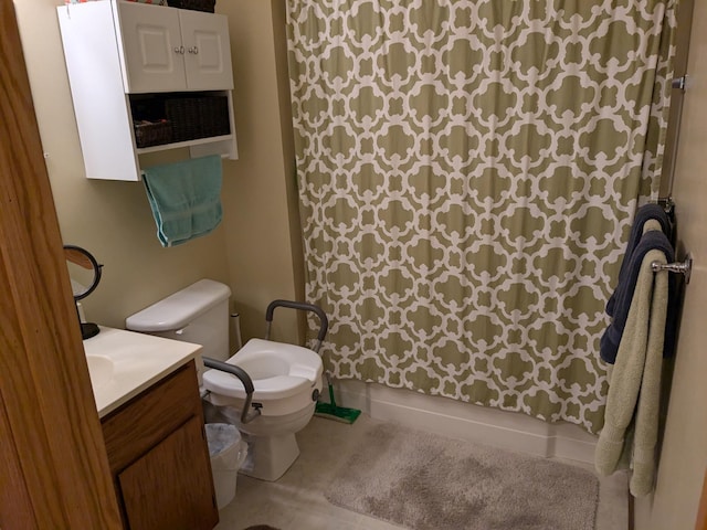 bathroom featuring tile patterned flooring, vanity, toilet, and a shower with shower curtain