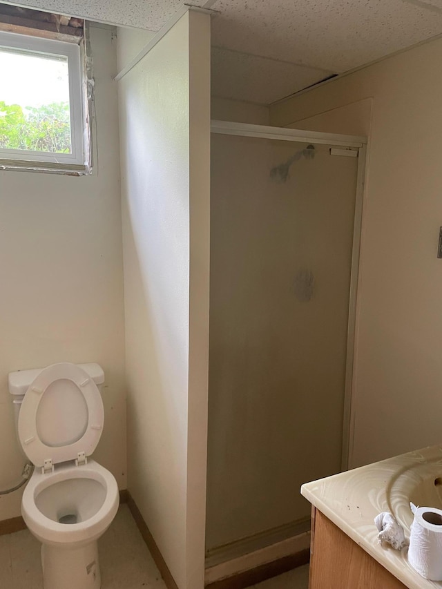 bathroom featuring walk in shower, vanity, and toilet