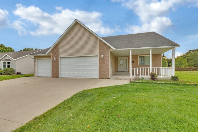 single story home with a front yard, a garage, and covered porch