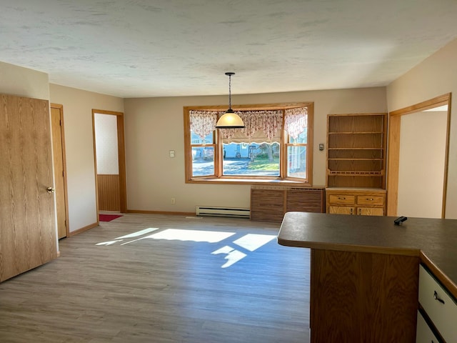 interior space with pendant lighting, a baseboard heating unit, and light hardwood / wood-style flooring