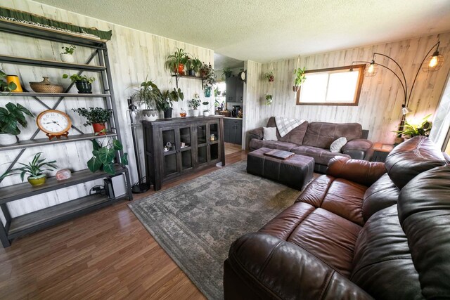 living room featuring a textured ceiling, wood walls, and dark hardwood / wood-style floors