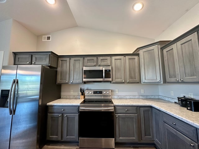 kitchen with appliances with stainless steel finishes and lofted ceiling