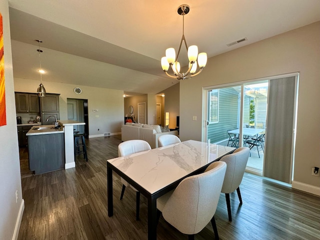 dining room featuring a chandelier, sink, and dark hardwood / wood-style flooring