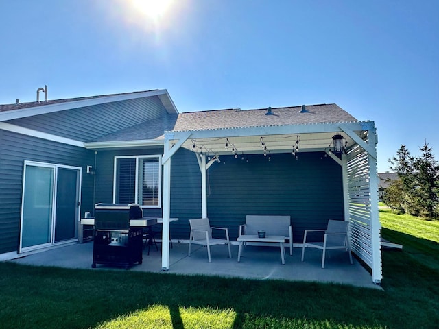 back of house featuring a lawn, a pergola, an outdoor living space, and a patio