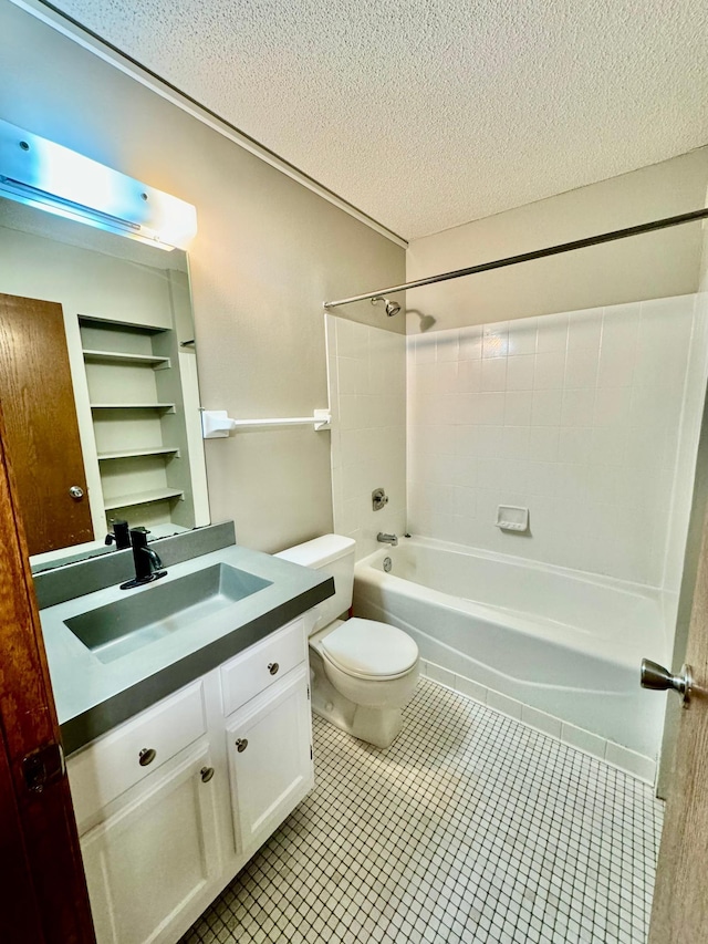 full bathroom with vanity,  shower combination, tile patterned floors, toilet, and a textured ceiling