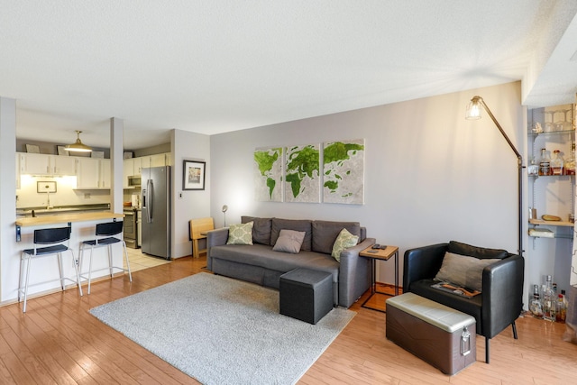 living room with light hardwood / wood-style floors and a textured ceiling