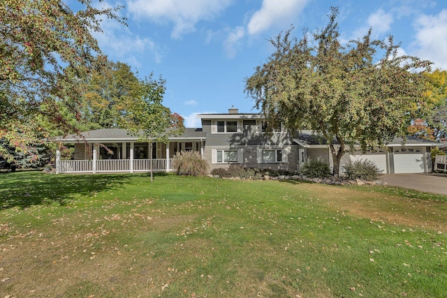 view of front of house with a porch, a garage, and a front yard