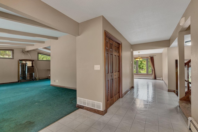 hallway with a baseboard radiator, vaulted ceiling with beams, light carpet, a textured ceiling, and an inviting chandelier