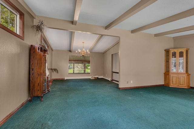 unfurnished living room with lofted ceiling with beams, carpet, and a notable chandelier