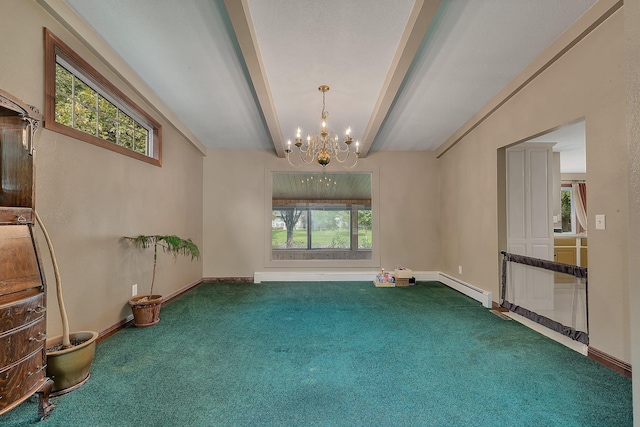 carpeted spare room featuring a notable chandelier, a baseboard radiator, and lofted ceiling with beams