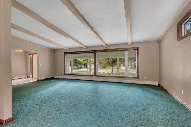 carpeted spare room featuring vaulted ceiling with beams and a baseboard heating unit