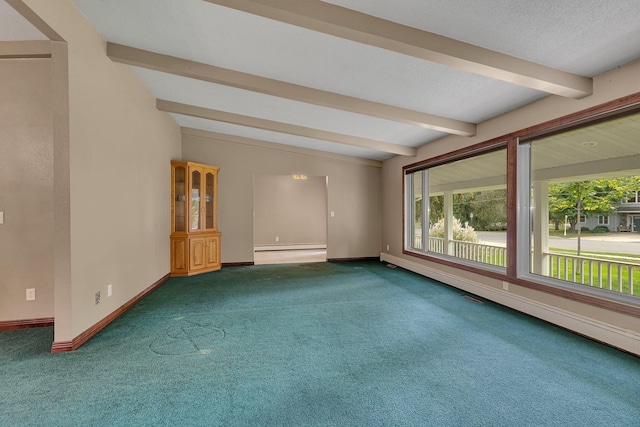 interior space featuring beam ceiling, carpet floors, a textured ceiling, and a baseboard radiator