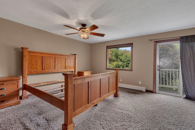 bedroom featuring a baseboard radiator, access to exterior, ceiling fan, light carpet, and a textured ceiling