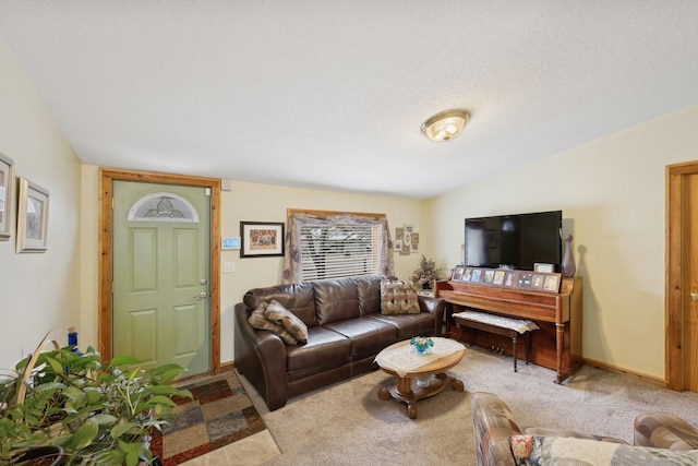 living room featuring carpet floors, a textured ceiling, and lofted ceiling