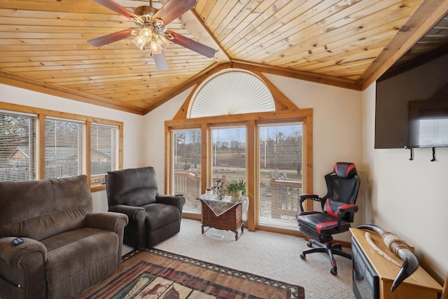 living room with carpet, lofted ceiling, ceiling fan, and wooden ceiling