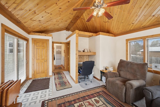 living room with wooden ceiling, ceiling fan, carpet floors, and lofted ceiling with beams