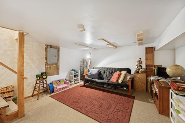 living room featuring light colored carpet and electric panel