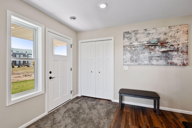 foyer with a textured ceiling, plenty of natural light, and dark hardwood / wood-style flooring