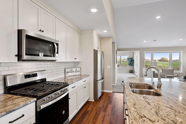 kitchen featuring appliances with stainless steel finishes, white cabinetry, light stone countertops, dark hardwood / wood-style floors, and sink