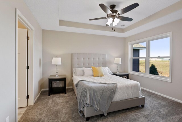 carpeted bedroom featuring ceiling fan and a raised ceiling