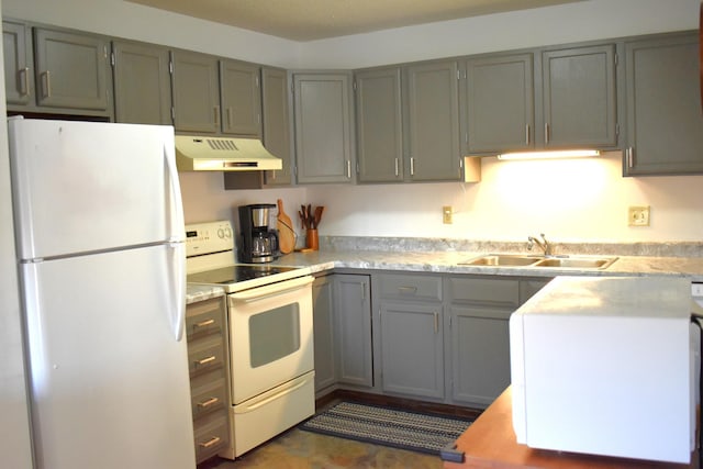 kitchen with gray cabinets, sink, and white appliances