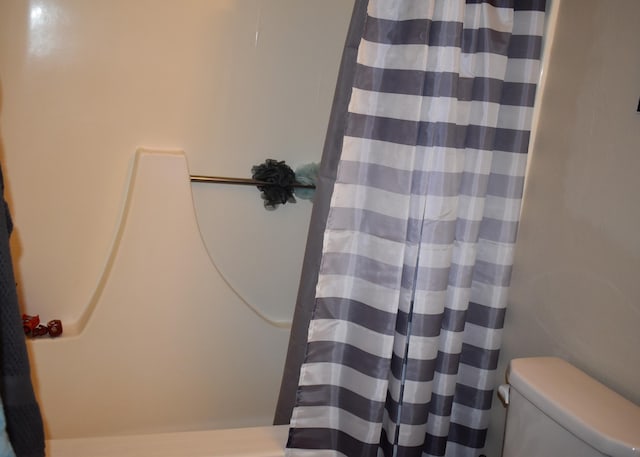 bathroom with toilet and a shower with curtain