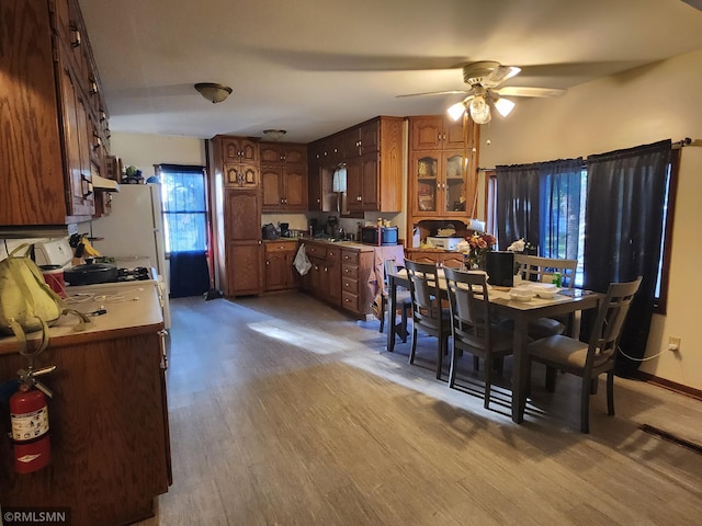 dining space featuring ceiling fan and light wood-type flooring