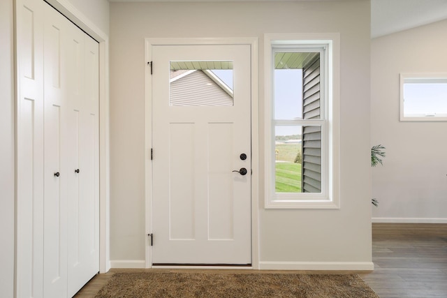 foyer entrance featuring vaulted ceiling and hardwood / wood-style floors