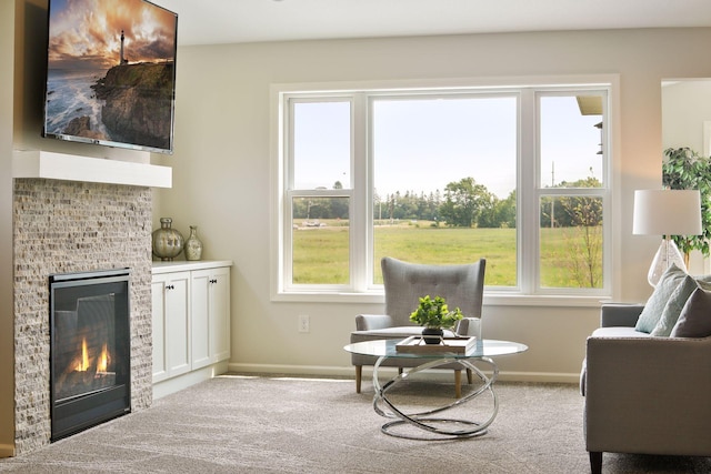 20092 Fitzgerald Trl N, Forest Lake, MN 55025 - living area featuring carpet flooring, a glass covered fireplace, and baseboards