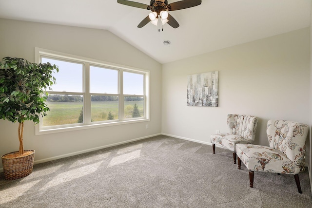 20092 Fitzgerald Trl N, Forest Lake, MN 55025 - sitting room with a ceiling fan, carpet, vaulted ceiling, and baseboards