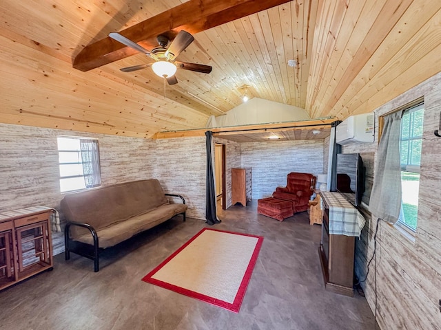 living room with wood ceiling, brick wall, ceiling fan, a wall unit AC, and vaulted ceiling with beams