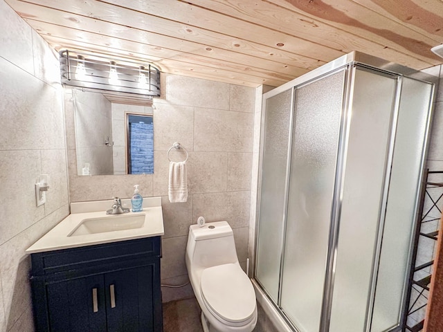 bathroom featuring wood ceiling, vanity, toilet, and a shower with shower door