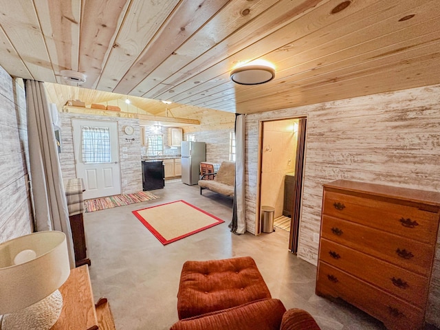 interior space with stainless steel fridge, wood ceiling, lofted ceiling, and brick wall