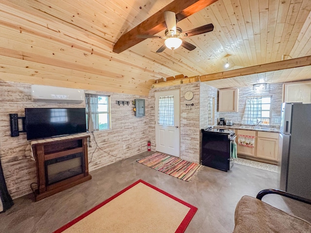 living room featuring wood ceiling, ceiling fan, brick wall, and plenty of natural light