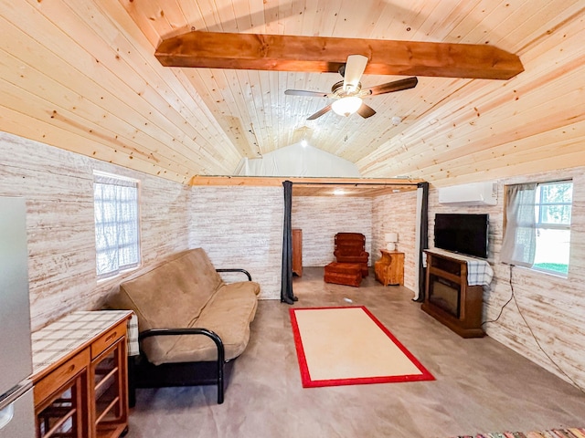 living room with ceiling fan, lofted ceiling with beams, brick wall, and wooden ceiling