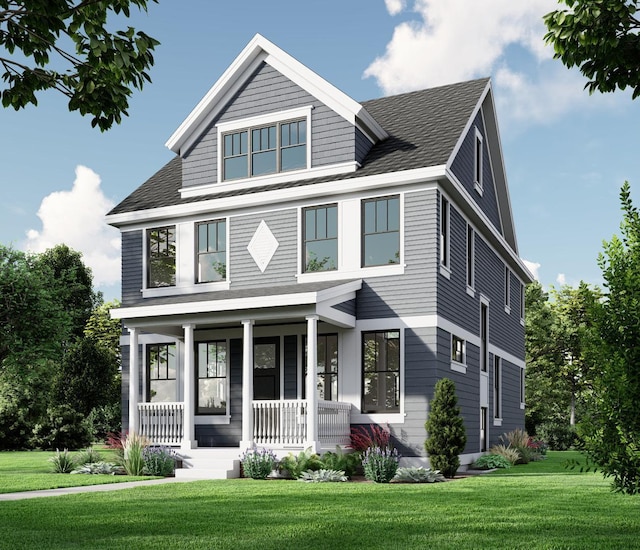 view of front of home featuring covered porch and a front yard