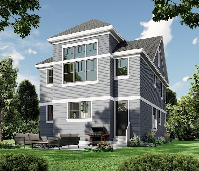 545 Holly Ave, Saint Paul, MN 55102 - back of house with a yard, a patio, entry steps, an outdoor hangout area, and a shingled roof