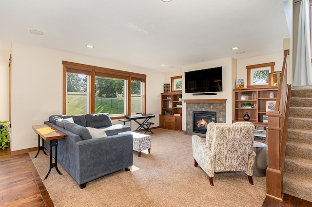 living room featuring a fireplace and hardwood / wood-style flooring