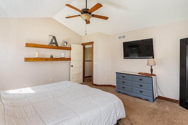 carpeted bedroom with lofted ceiling and ceiling fan