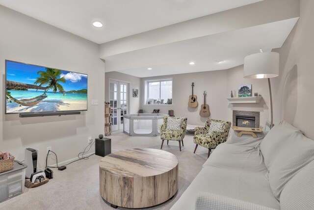 carpeted living room with french doors