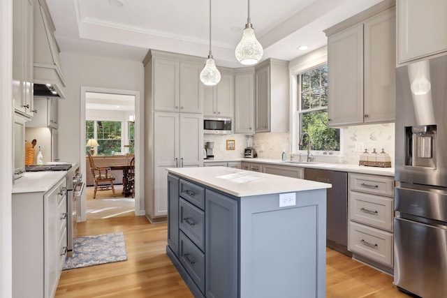 kitchen with a center island, stainless steel appliances, light wood-type flooring, gray cabinetry, and sink